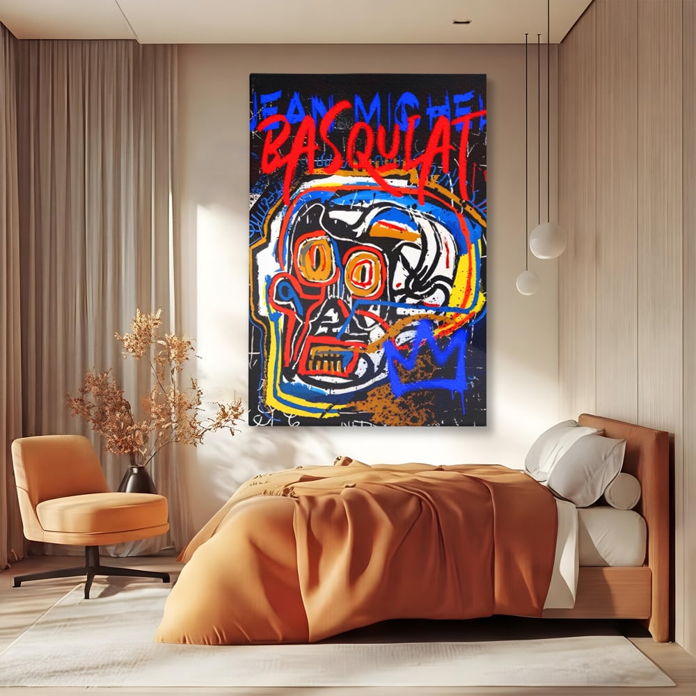 Tablou canvas cu tablou canvas cu portret stil graffiti, fara rama, pe sasiu de lemn, pe perete intr-un dormitor